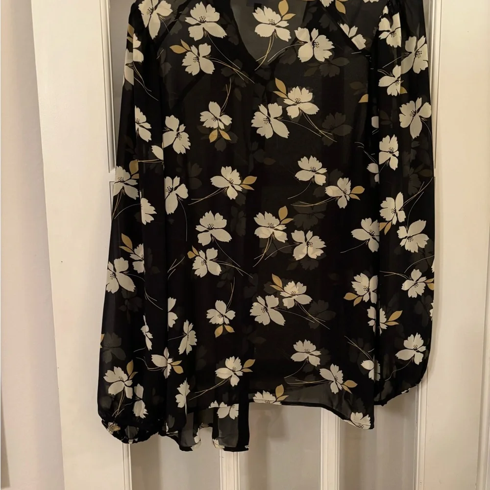 CAbi Black and White Floral Sheer Blouse with Notched Collar - Picture 3 of 6